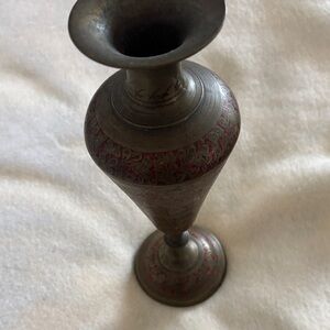 Ornate Brass Vase with Red Accents Vintage